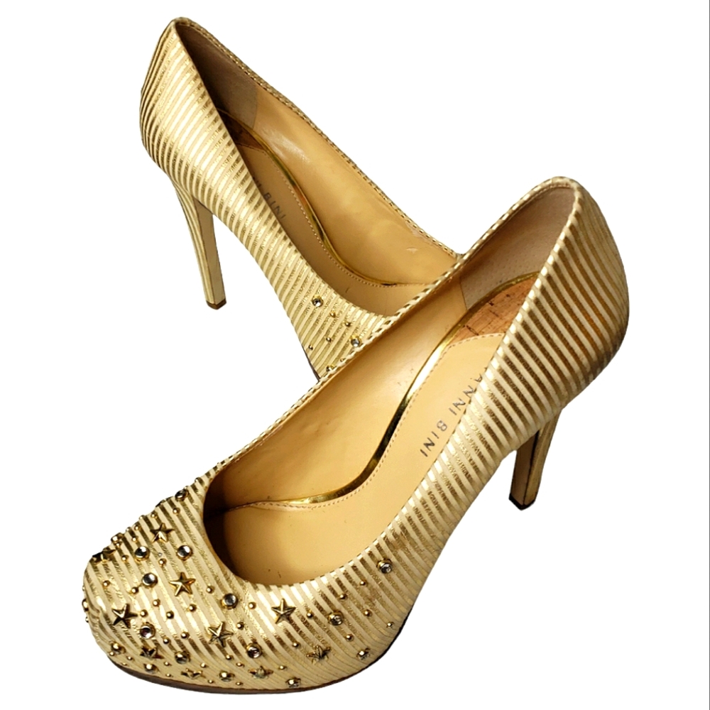 Gianni Bini Gold Stripes Stars Rheinstone Celebration Event Party Bridal Heels